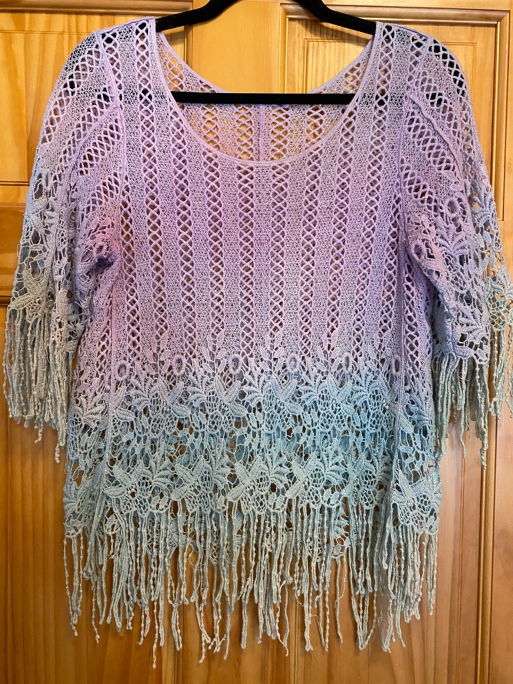 Hand Crafted Lavender to Mint Ombre Lace Fringe Scoop Neck Sweater